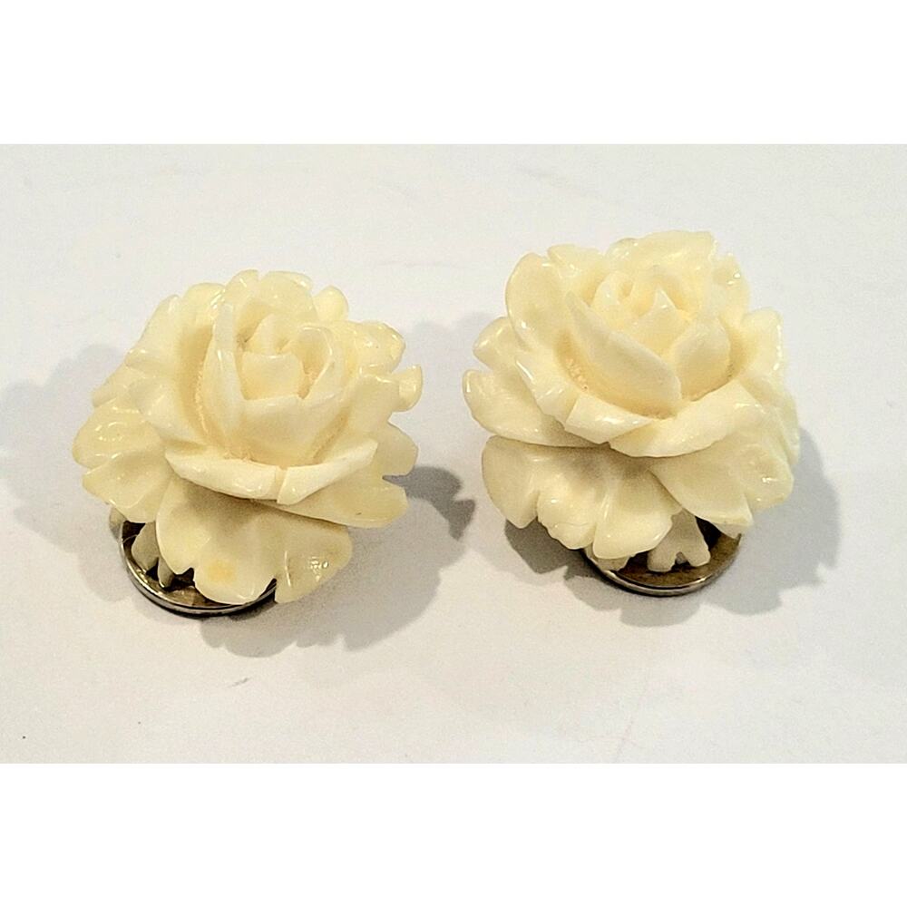 Vintage Hand-Carved Bone Likely Bovine Rose Earrings Silver Clip-On